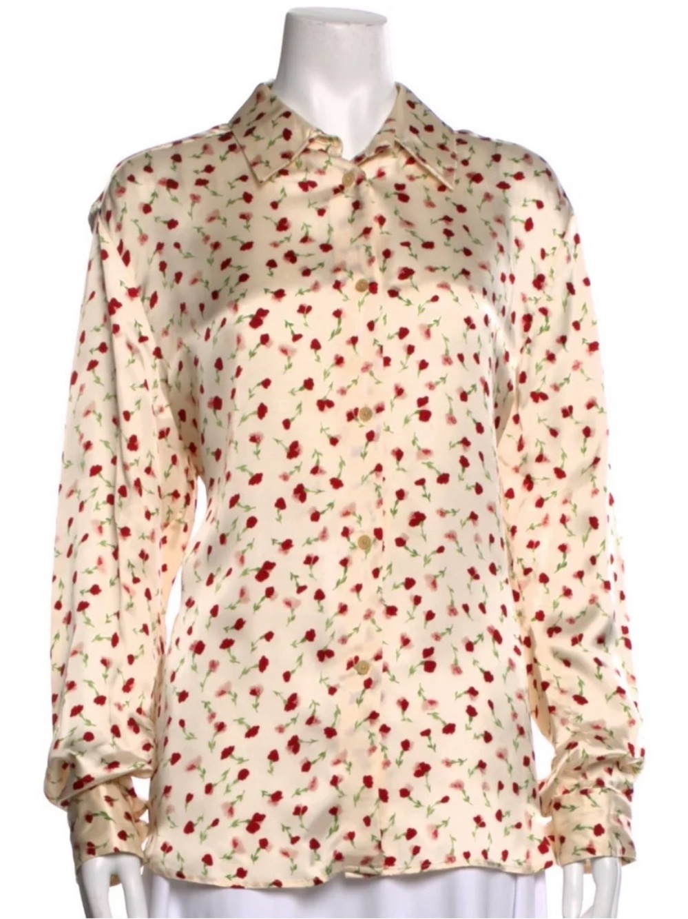 KHAITE Cream Silk Button Down Blouse with Red Rose Print